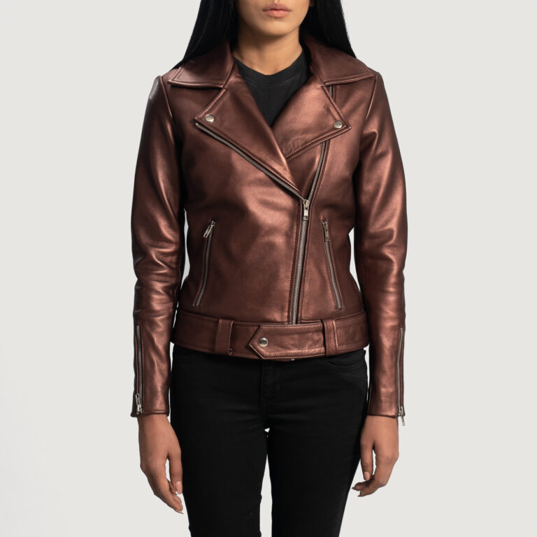Womens Rumy Maroon Leather Biker Jacket Close Front-5-1664352135052